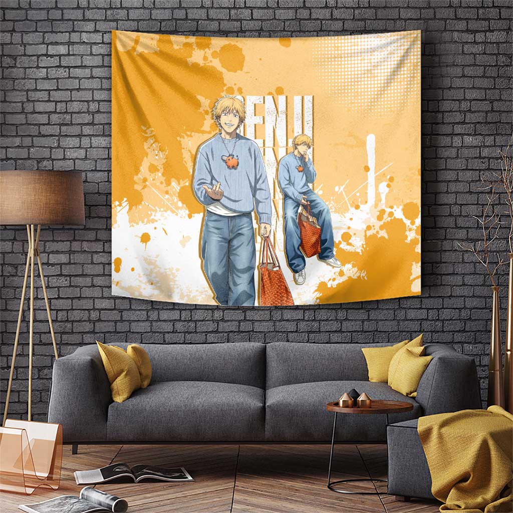 Denji Chainsaw Man Urban Drip Tapestry Streetwear Anime Vibes in Orange Tones