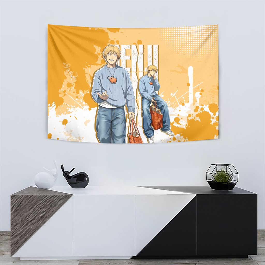 Denji Chainsaw Man Urban Drip Tapestry Streetwear Anime Vibes in Orange Tones