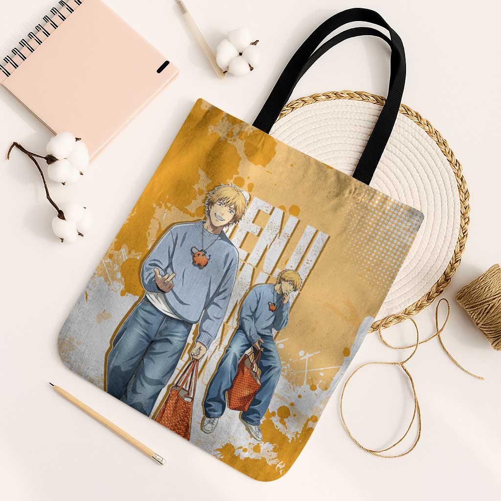 Denji Chainsaw Man Urban Drip Tote Bag Streetwear Anime Vibes in Orange Tones