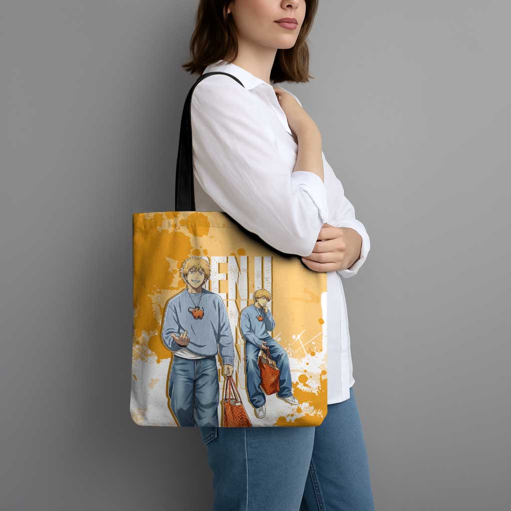 Denji Chainsaw Man Urban Drip Tote Bag Streetwear Anime Vibes in Orange Tones