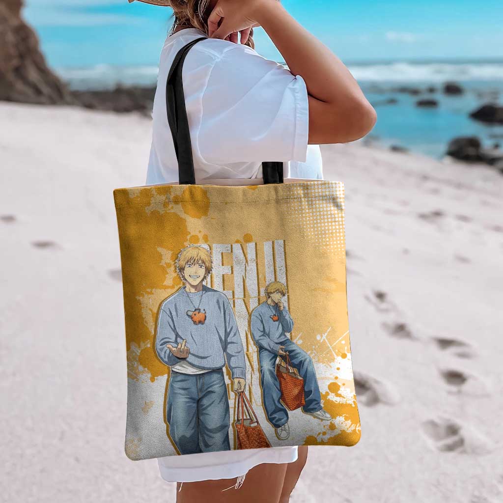 Denji Chainsaw Man Urban Drip Tote Bag Streetwear Anime Vibes in Orange Tones