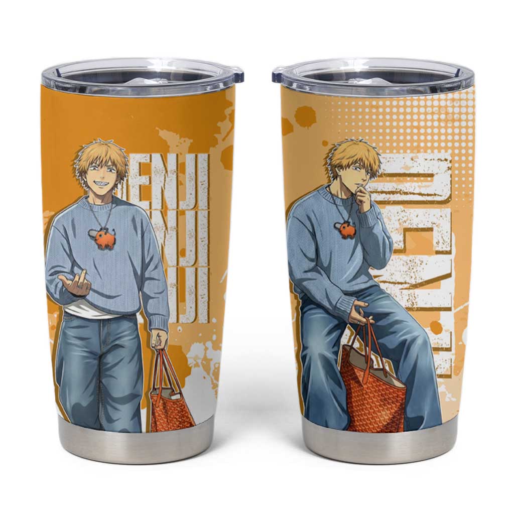 Denji Chainsaw Man Urban Drip Tumbler Cup Streetwear Anime Vibes in Orange Tones