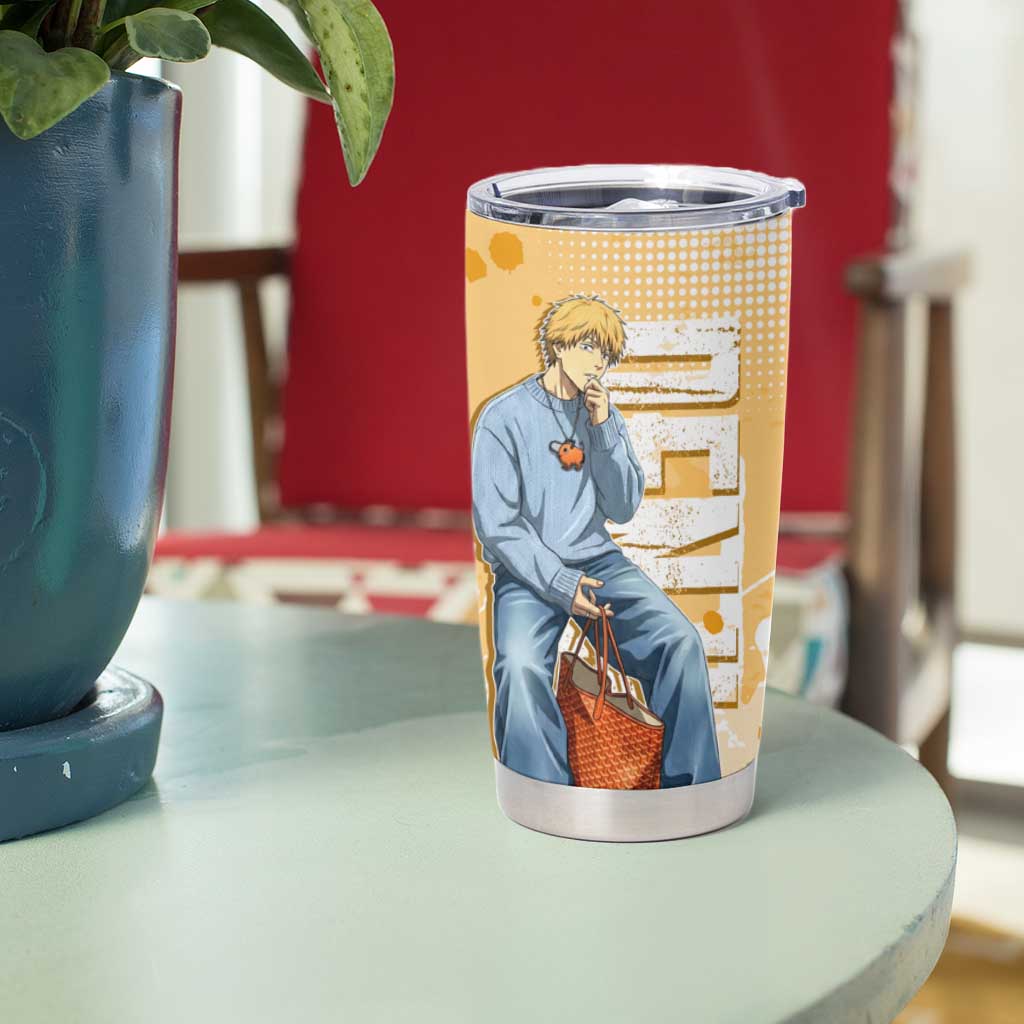 Denji Chainsaw Man Urban Drip Tumbler Cup Streetwear Anime Vibes in Orange Tones
