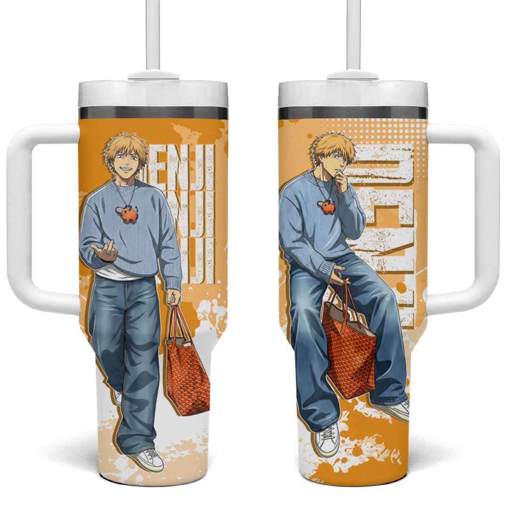 Denji Chainsaw Man Urban Drip Tumbler With Handle Streetwear Anime Vibes in Orange Tones
