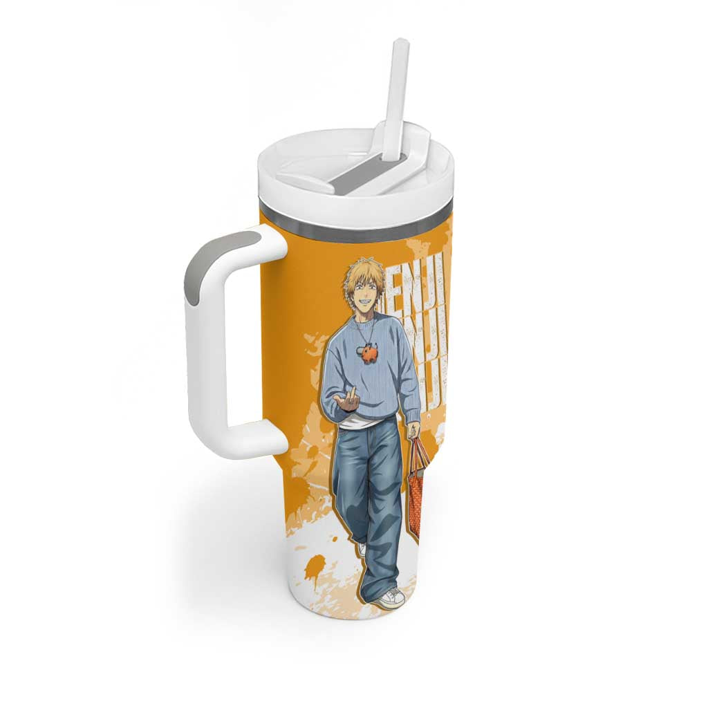 Denji Chainsaw Man Urban Drip Tumbler With Handle Streetwear Anime Vibes in Orange Tones