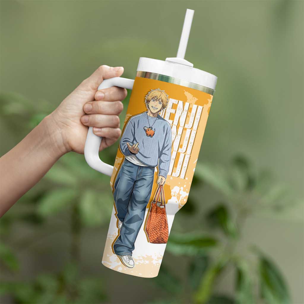 Denji Chainsaw Man Urban Drip Tumbler With Handle Streetwear Anime Vibes in Orange Tones