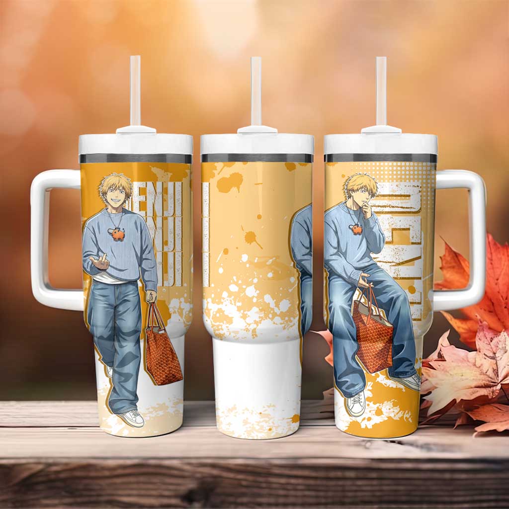 Denji Chainsaw Man Urban Drip Tumbler With Handle Streetwear Anime Vibes in Orange Tones