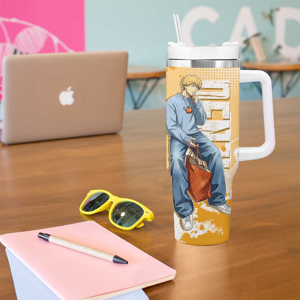 Denji Chainsaw Man Urban Drip Tumbler With Handle Streetwear Anime Vibes in Orange Tones