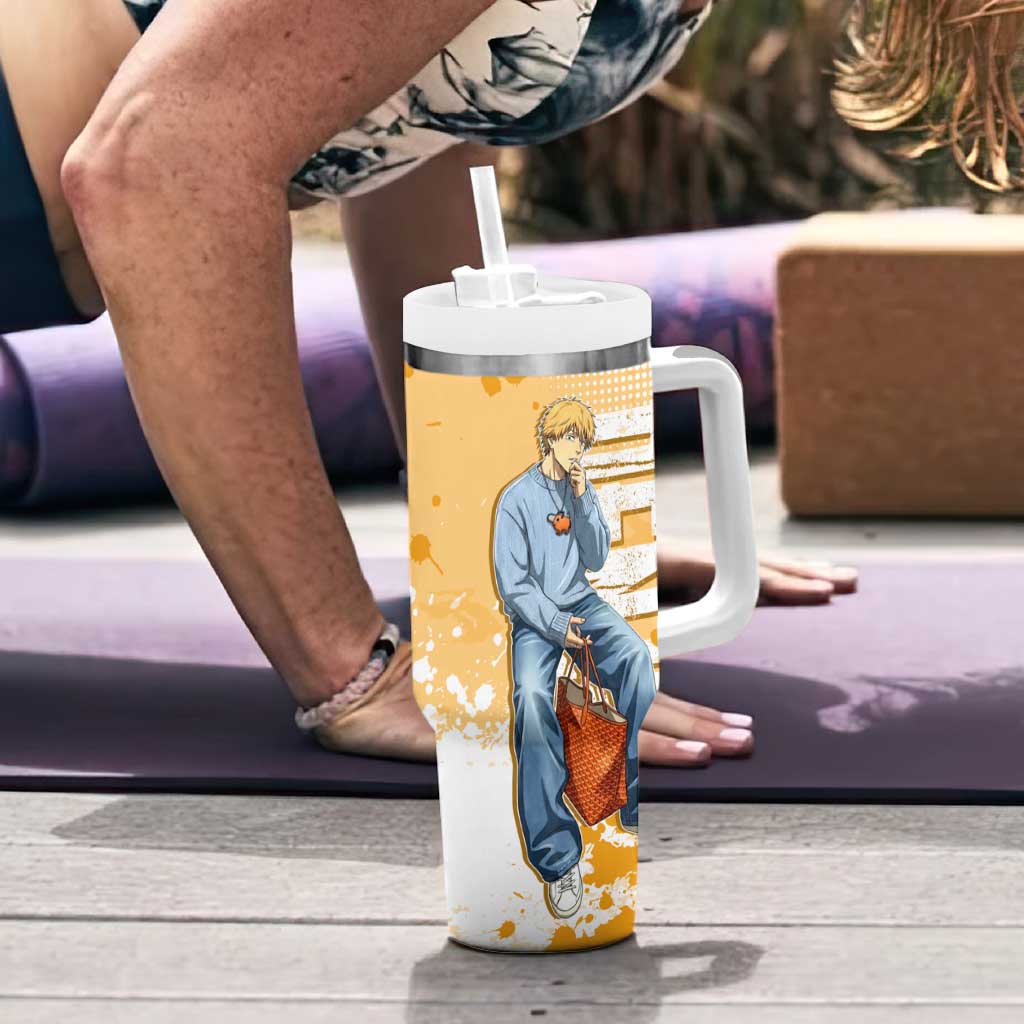 Denji Chainsaw Man Urban Drip Tumbler With Handle Streetwear Anime Vibes in Orange Tones