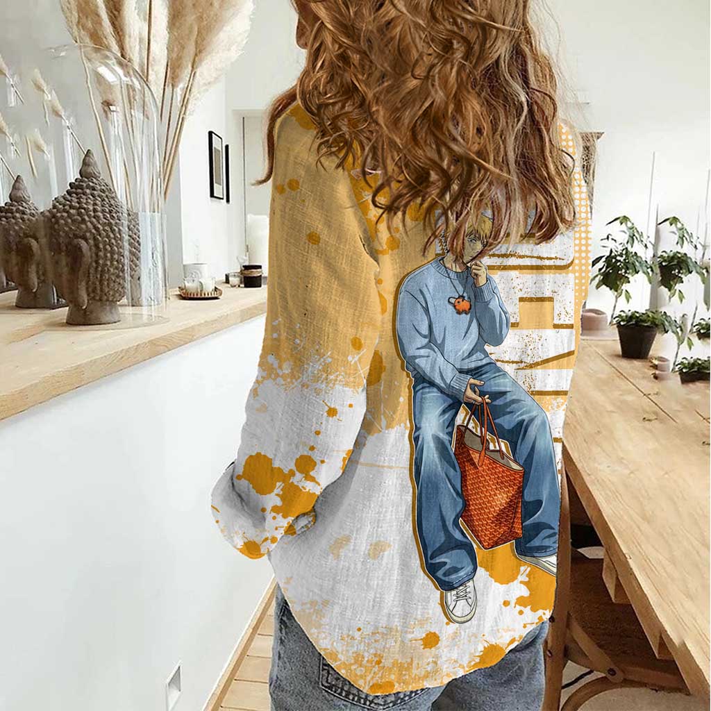 Denji Chainsaw Man Urban Drip Women Casual Shirt Streetwear Anime Vibes in Orange Tones
