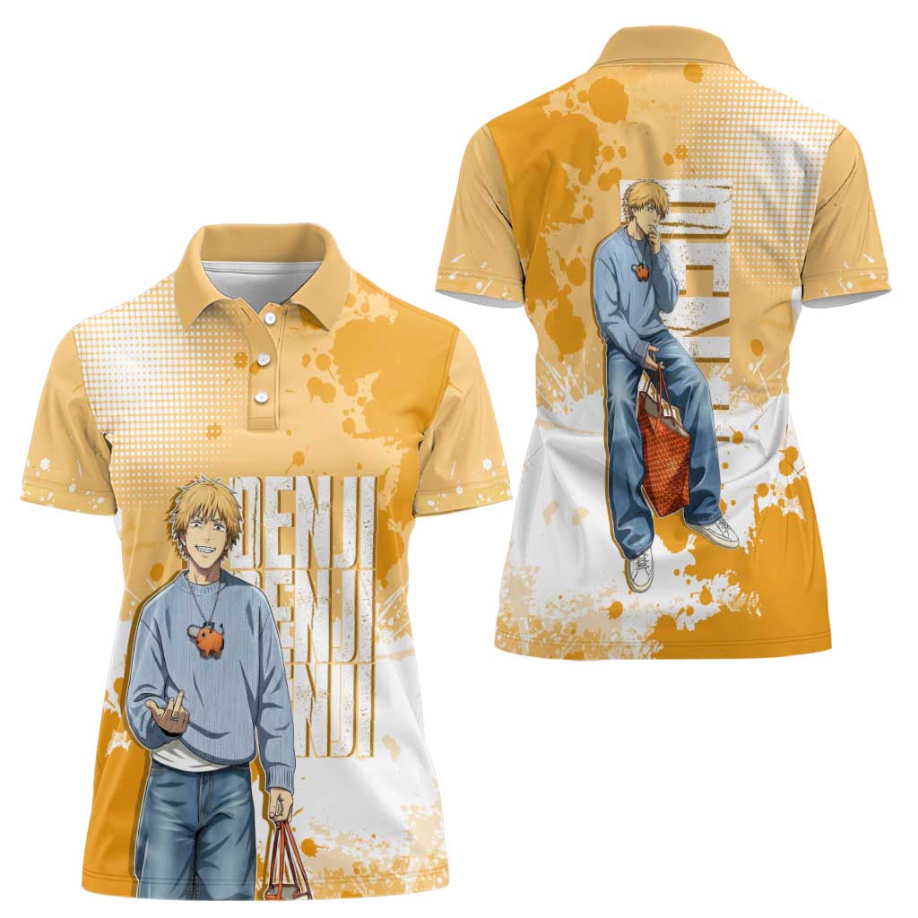 Denji Chainsaw Man Urban Drip Women Polo Shirt Streetwear Anime Vibes in Orange Tones