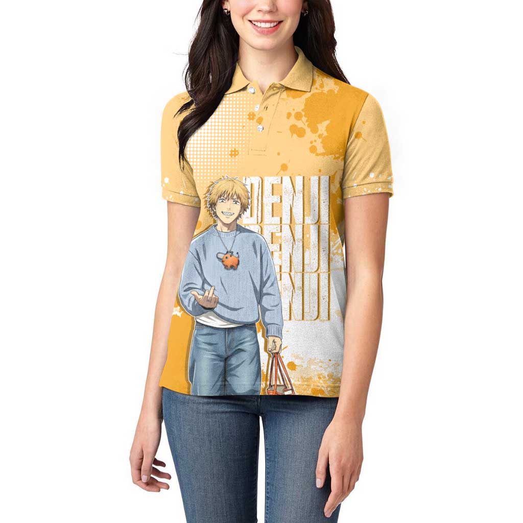 Denji Chainsaw Man Urban Drip Women Polo Shirt Streetwear Anime Vibes in Orange Tones