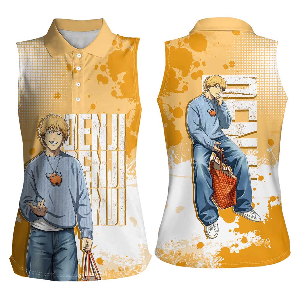 Denji Chainsaw Man Urban Drip Women Sleeveless Polo Shirt Streetwear Anime Vibes in Orange Tones