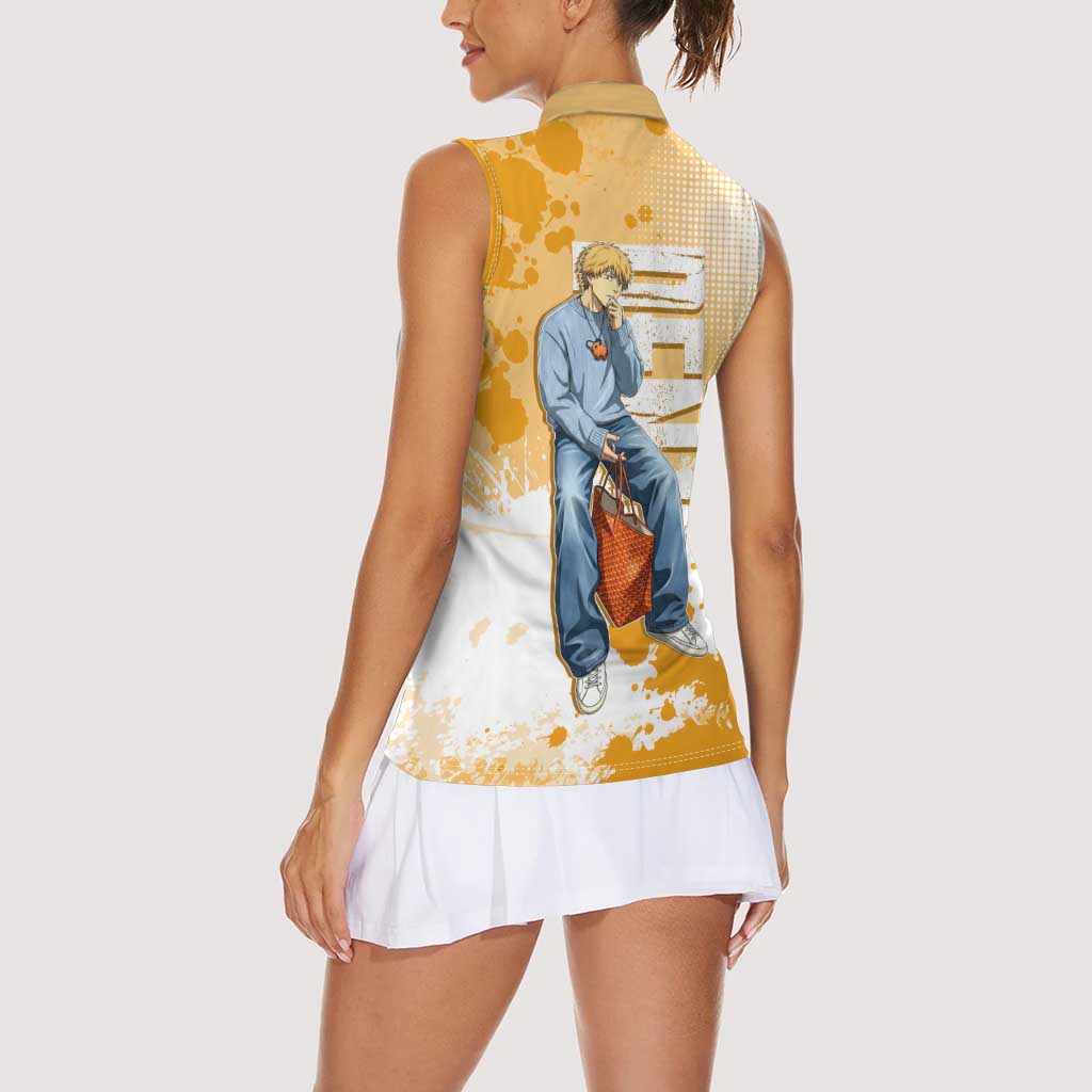 Denji Chainsaw Man Urban Drip Women Sleeveless Polo Shirt Streetwear Anime Vibes in Orange Tones