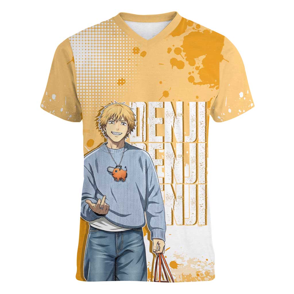 Denji Chainsaw Man Urban Drip Women V-Neck T-Shirt Streetwear Anime Vibes in Orange Tones