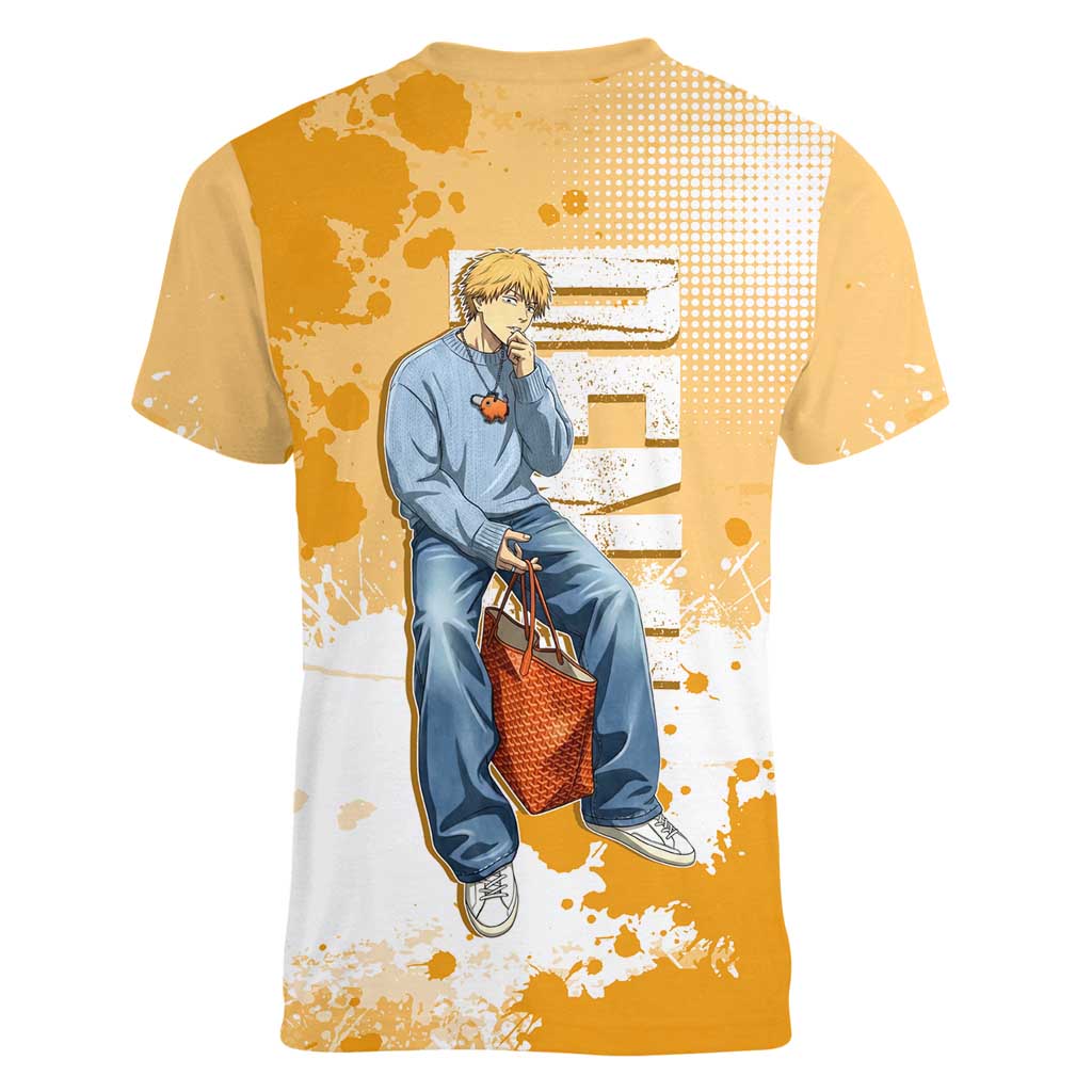 Denji Chainsaw Man Urban Drip Women V-Neck T-Shirt Streetwear Anime Vibes in Orange Tones