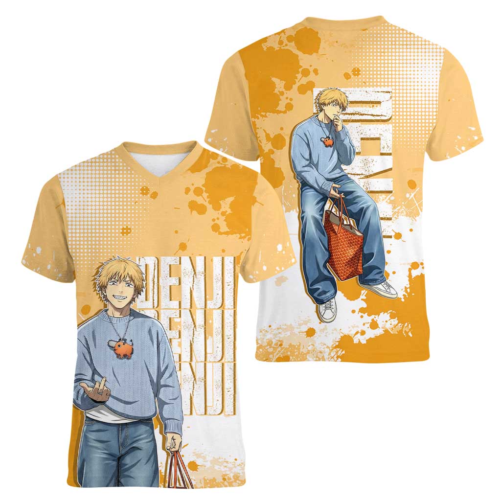 Denji Chainsaw Man Urban Drip Women V-Neck T-Shirt Streetwear Anime Vibes in Orange Tones