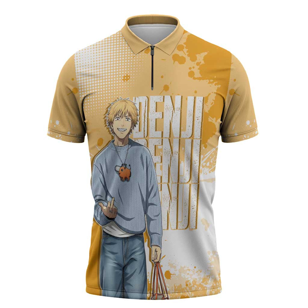 Denji Chainsaw Man Urban Drip Zipper Polo Shirt Streetwear Anime Vibes in Orange Tones