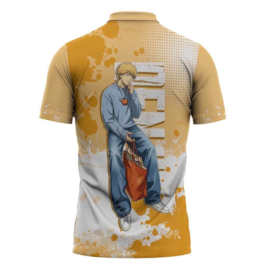 Denji Chainsaw Man Urban Drip Zipper Polo Shirt Streetwear Anime Vibes in Orange Tones