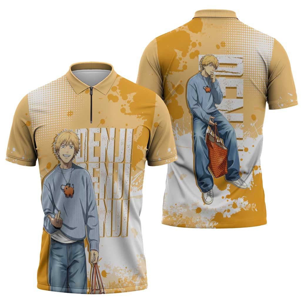 Denji Chainsaw Man Urban Drip Zipper Polo Shirt Streetwear Anime Vibes in Orange Tones