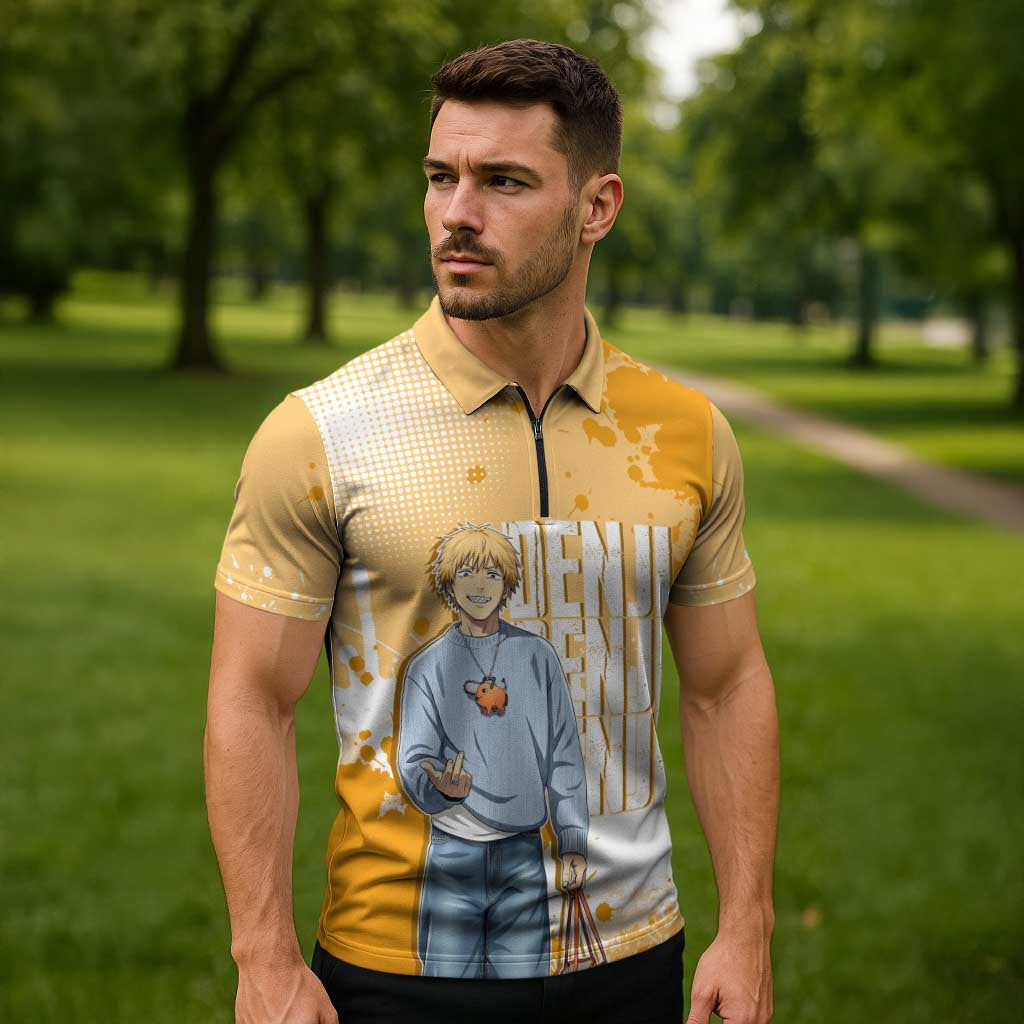 Denji Chainsaw Man Urban Drip Zipper Polo Shirt Streetwear Anime Vibes in Orange Tones