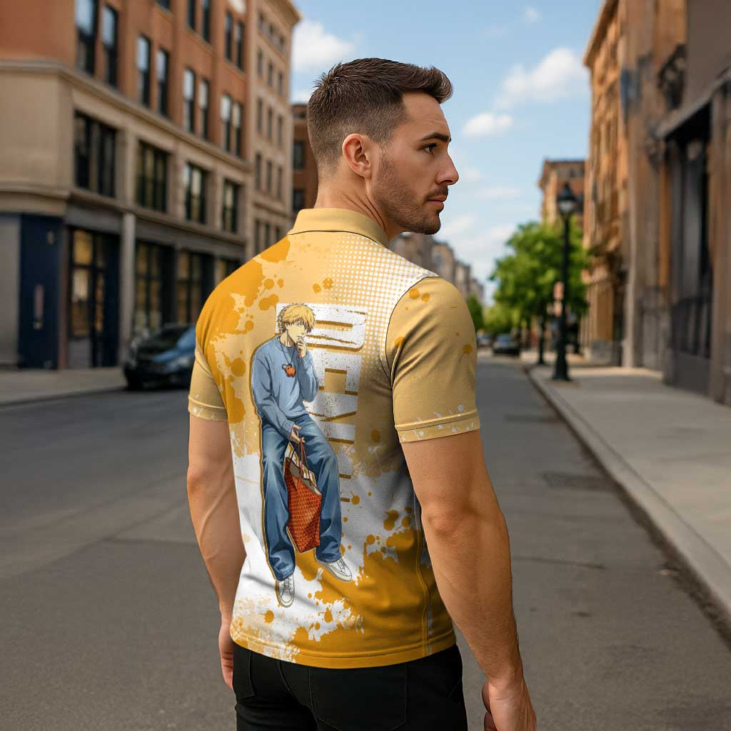 Denji Chainsaw Man Urban Drip Zipper Polo Shirt Streetwear Anime Vibes in Orange Tones