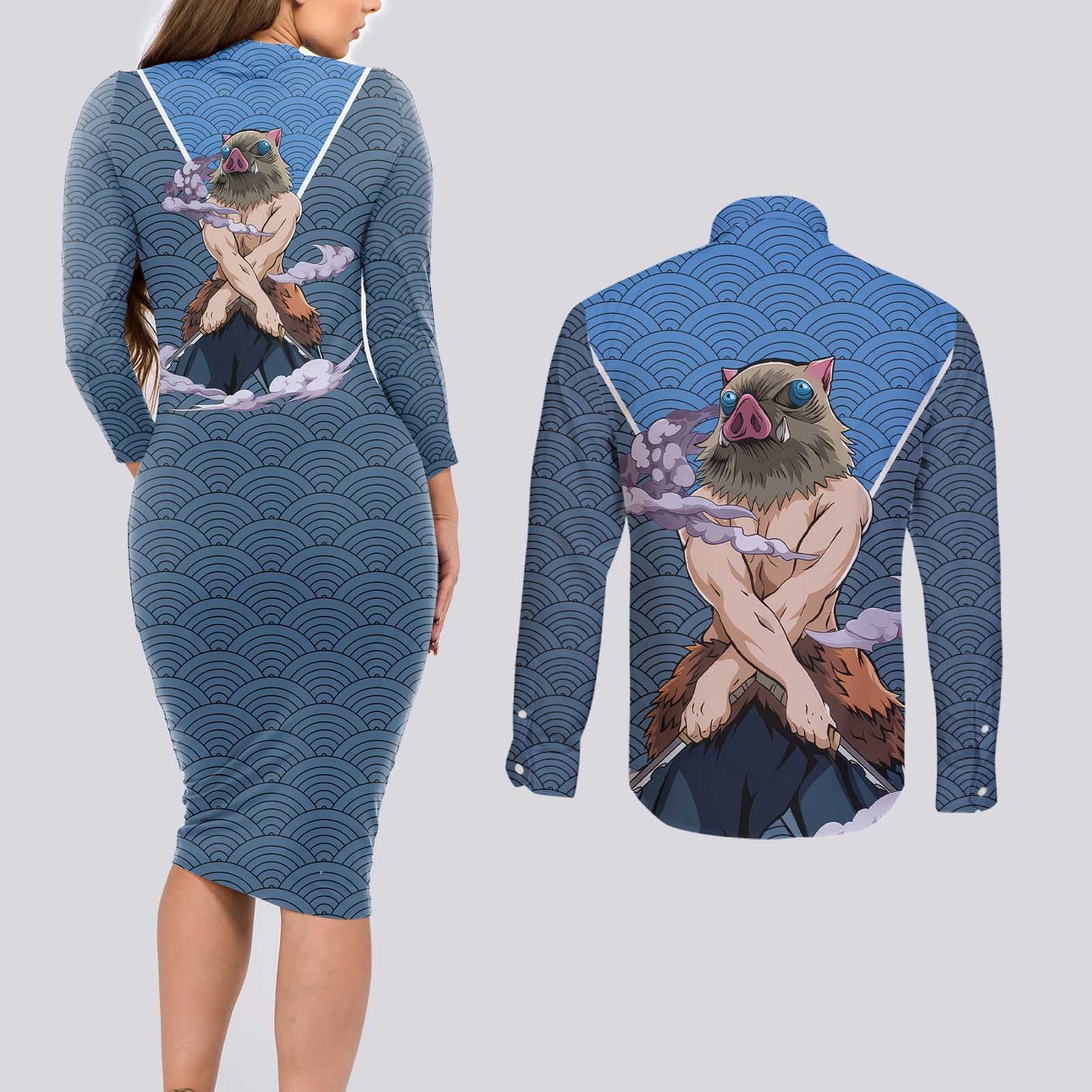 Inosuke - Demon Slayer Couples Matching Long Sleeve Bodycon Dress and Long Sleeve Button Shirt Anime Japan Art Style