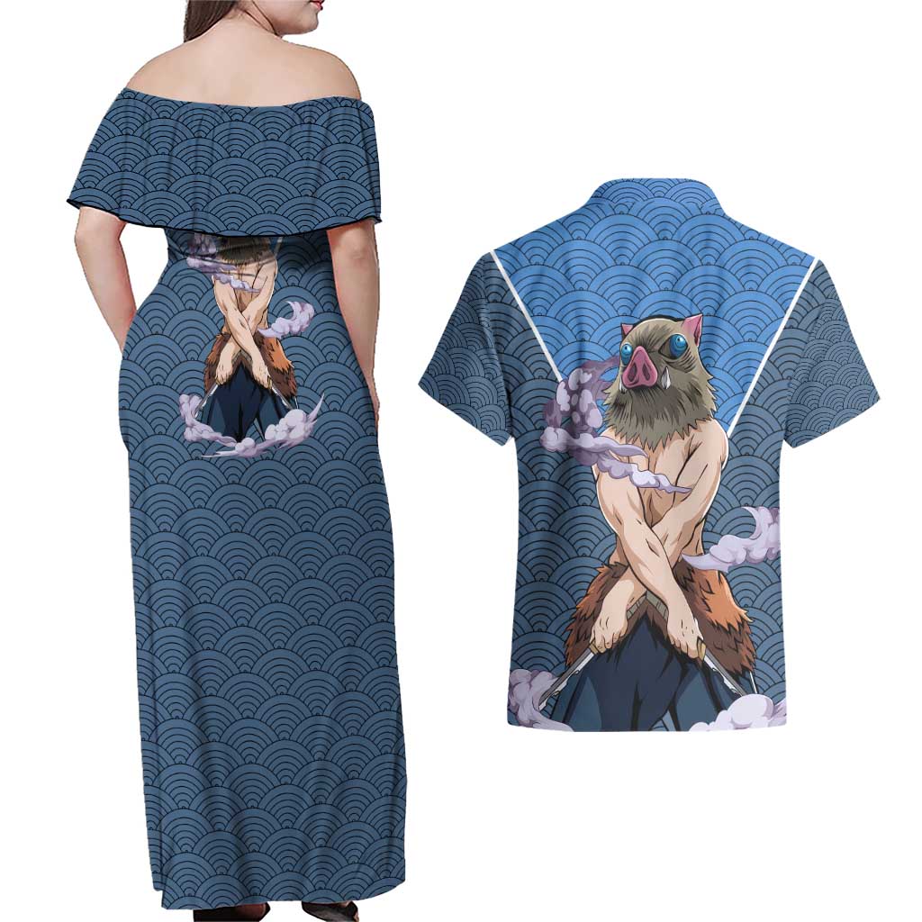 Inosuke - Demon Slayer Couples Matching Off Shoulder Maxi Dress and Hawaiian Shirt Anime Japan Art Style