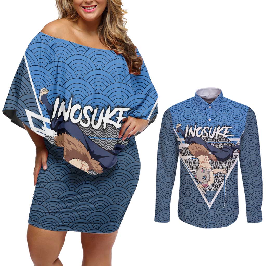 Inosuke - Demon Slayer Couples Matching Off Shoulder Short Dress and Long Sleeve Button Shirt Anime Japan Art Style