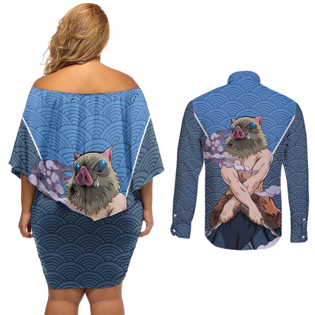 Inosuke - Demon Slayer Couples Matching Off Shoulder Short Dress and Long Sleeve Button Shirt Anime Japan Art Style