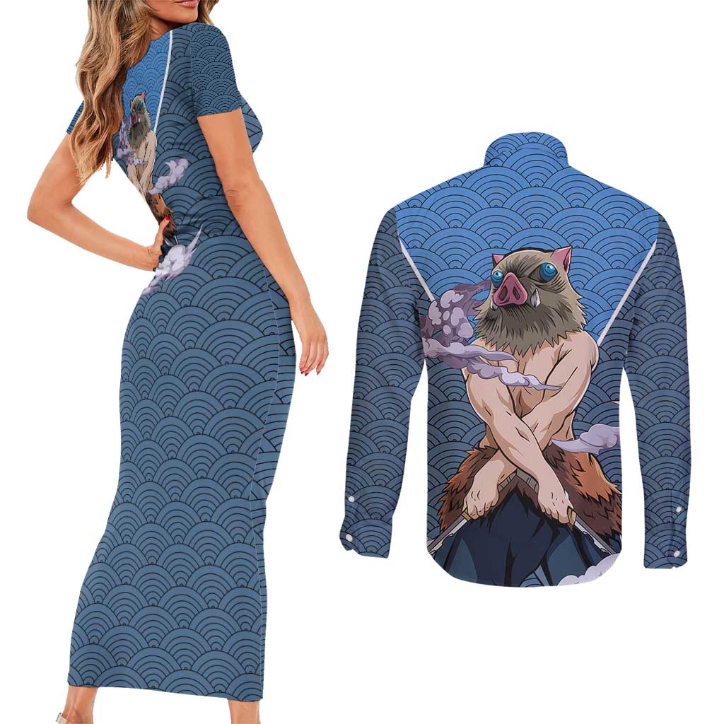 Inosuke - Demon Slayer Couples Matching Short Sleeve Bodycon Dress and Long Sleeve Button Shirt Anime Japan Art Style