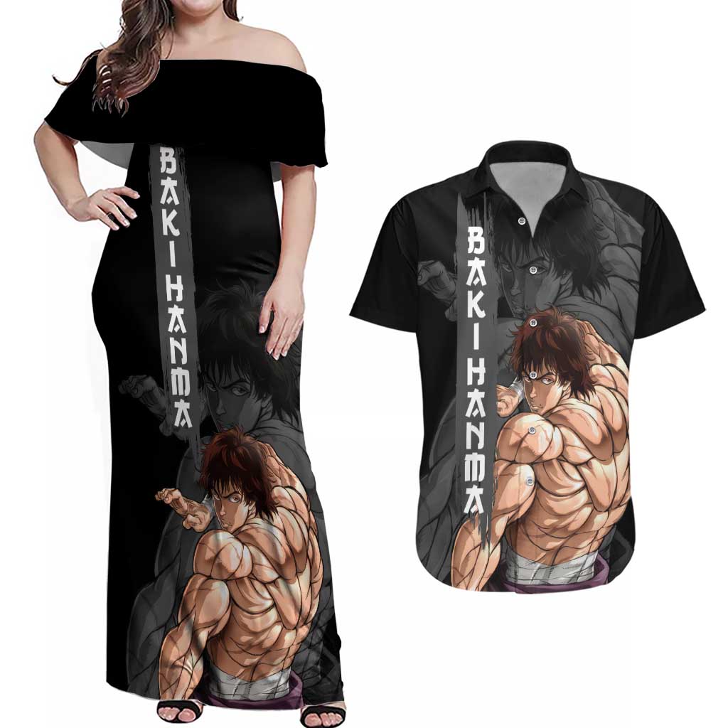 Baki Hanma-Baki Hanma Couples Matching Off Shoulder Maxi Dress and Hawaiian Shirt Anime Style