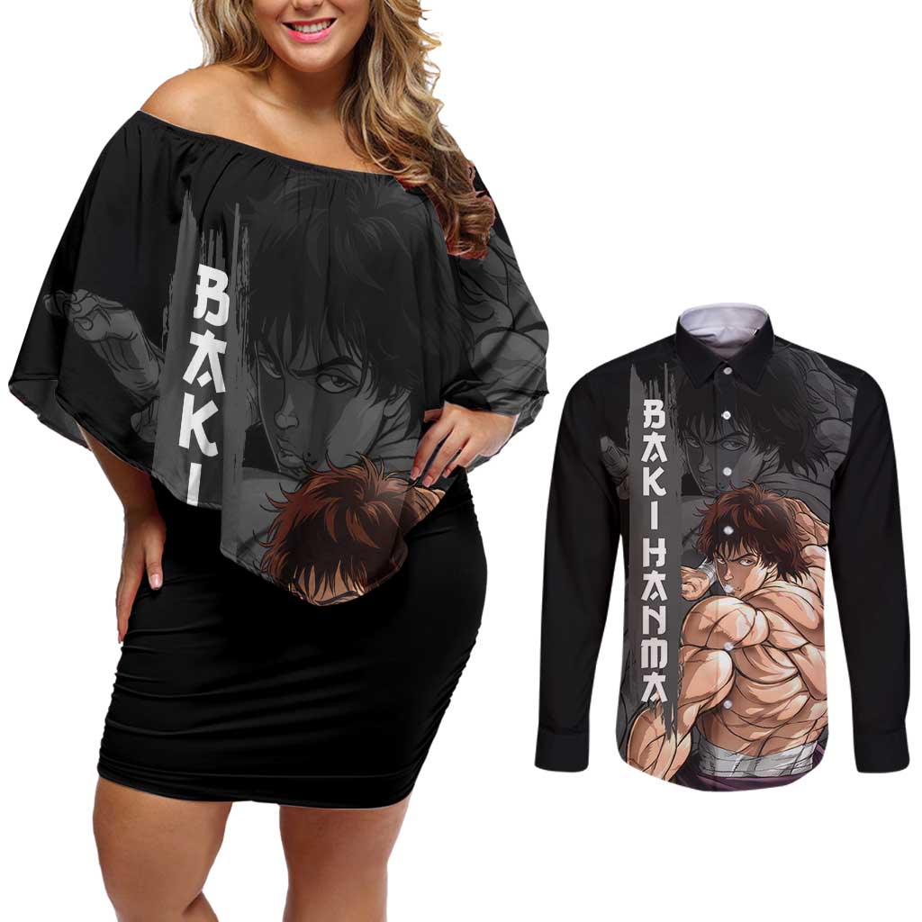 Baki Hanma-Baki Hanma Couples Matching Off Shoulder Short Dress and Long Sleeve Button Shirt Anime Style