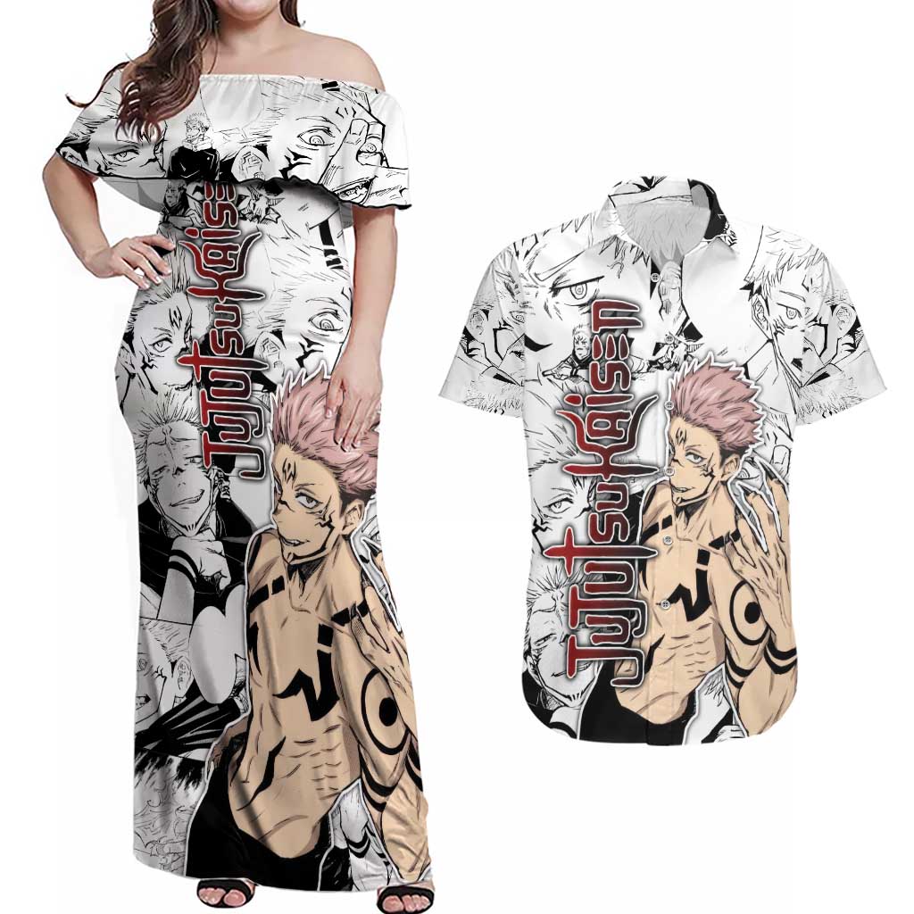 Sukuna - Jujutsu Kaisen Couples Matching Off Shoulder Maxi Dress and Hawaiian Shirt Pattern Anime Mix Manga Style