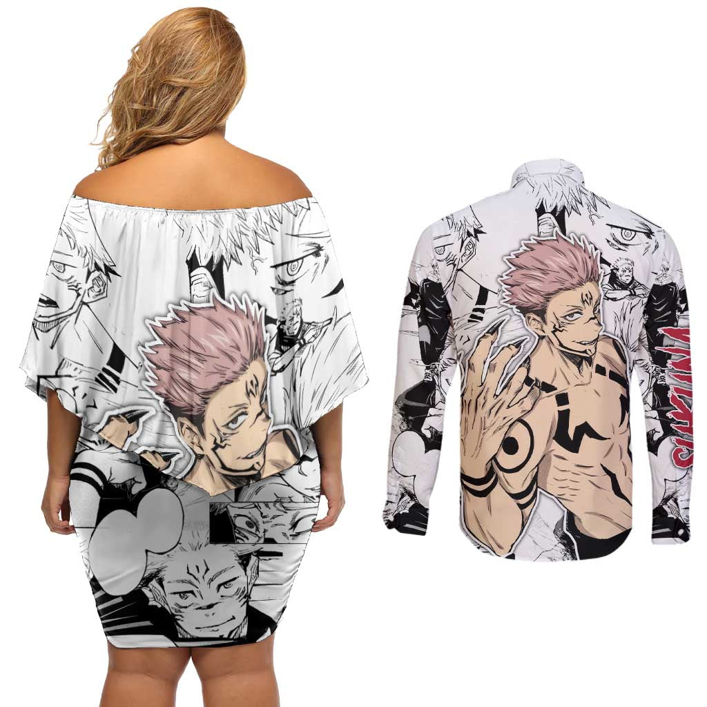 Sukuna - Jujutsu Kaisen Couples Matching Off Shoulder Short Dress and Long Sleeve Button Shirt Pattern Anime Mix Manga Style
