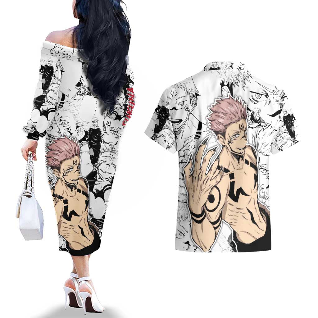 Sukuna - Jujutsu Kaisen Couples Matching Off The Shoulder Long Sleeve Dress and Hawaiian Shirt Pattern Anime Mix Manga Style
