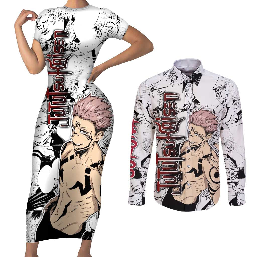 Sukuna - Jujutsu Kaisen Couples Matching Short Sleeve Bodycon Dress and Long Sleeve Button Shirt Pattern Anime Mix Manga Style