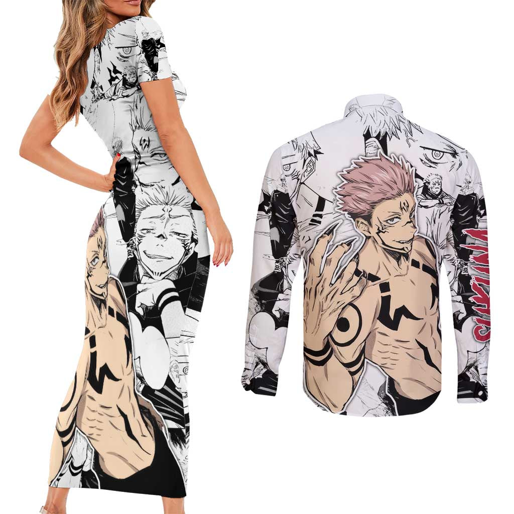 Sukuna - Jujutsu Kaisen Couples Matching Short Sleeve Bodycon Dress and Long Sleeve Button Shirt Pattern Anime Mix Manga Style