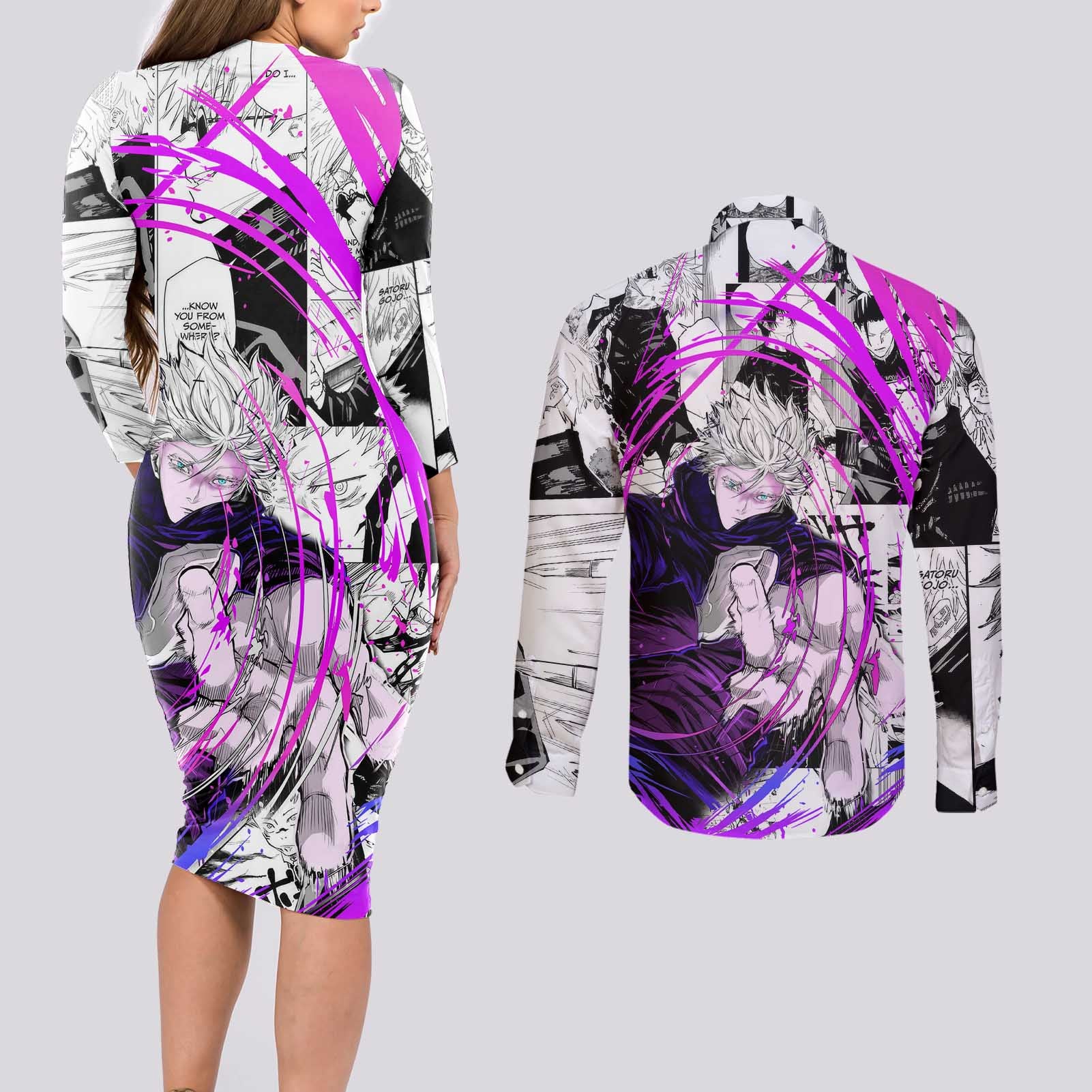 Gojo Satoru - Jujutsu Kaisen Couples Matching Long Sleeve Bodycon Dress and Long Sleeve Button Shirt Pattern Anime Mix Manga Style
