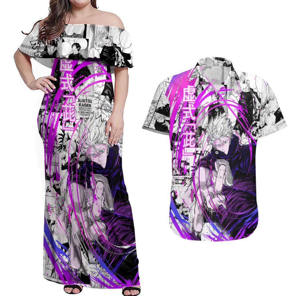 Gojo Satoru - Jujutsu Kaisen Couples Matching Off Shoulder Maxi Dress and Hawaiian Shirt Pattern Anime Mix Manga Style