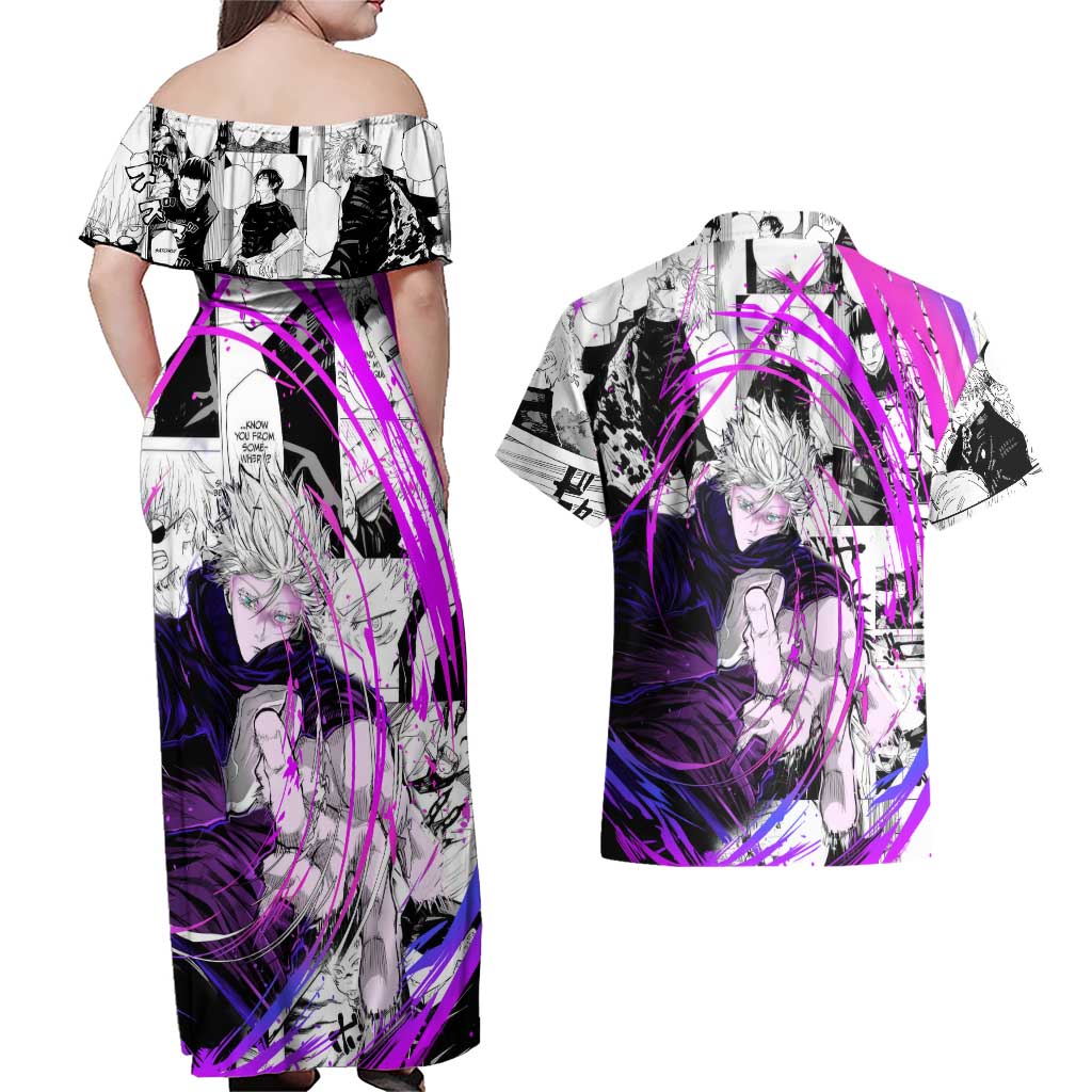 Gojo Satoru - Jujutsu Kaisen Couples Matching Off Shoulder Maxi Dress and Hawaiian Shirt Pattern Anime Mix Manga Style