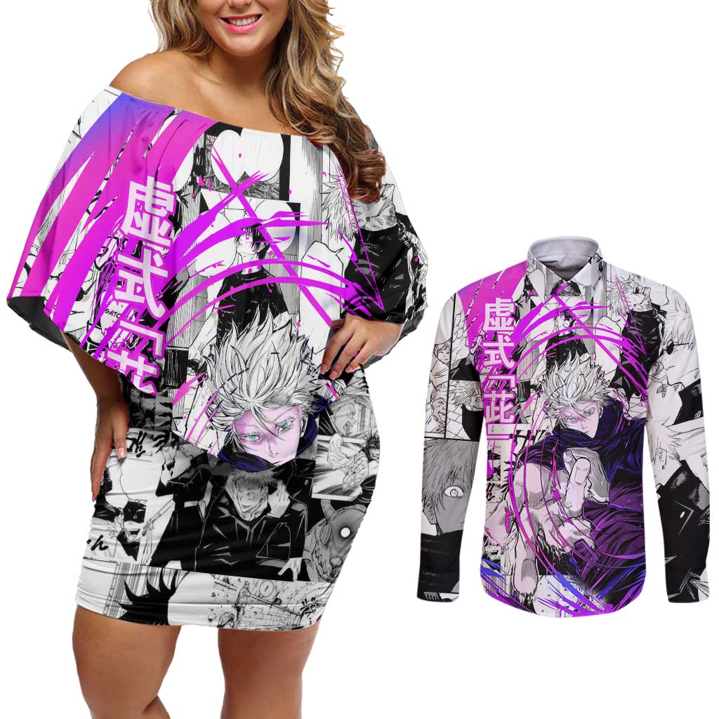 Gojo Satoru - Jujutsu Kaisen Couples Matching Off Shoulder Short Dress and Long Sleeve Button Shirt Pattern Anime Mix Manga Style