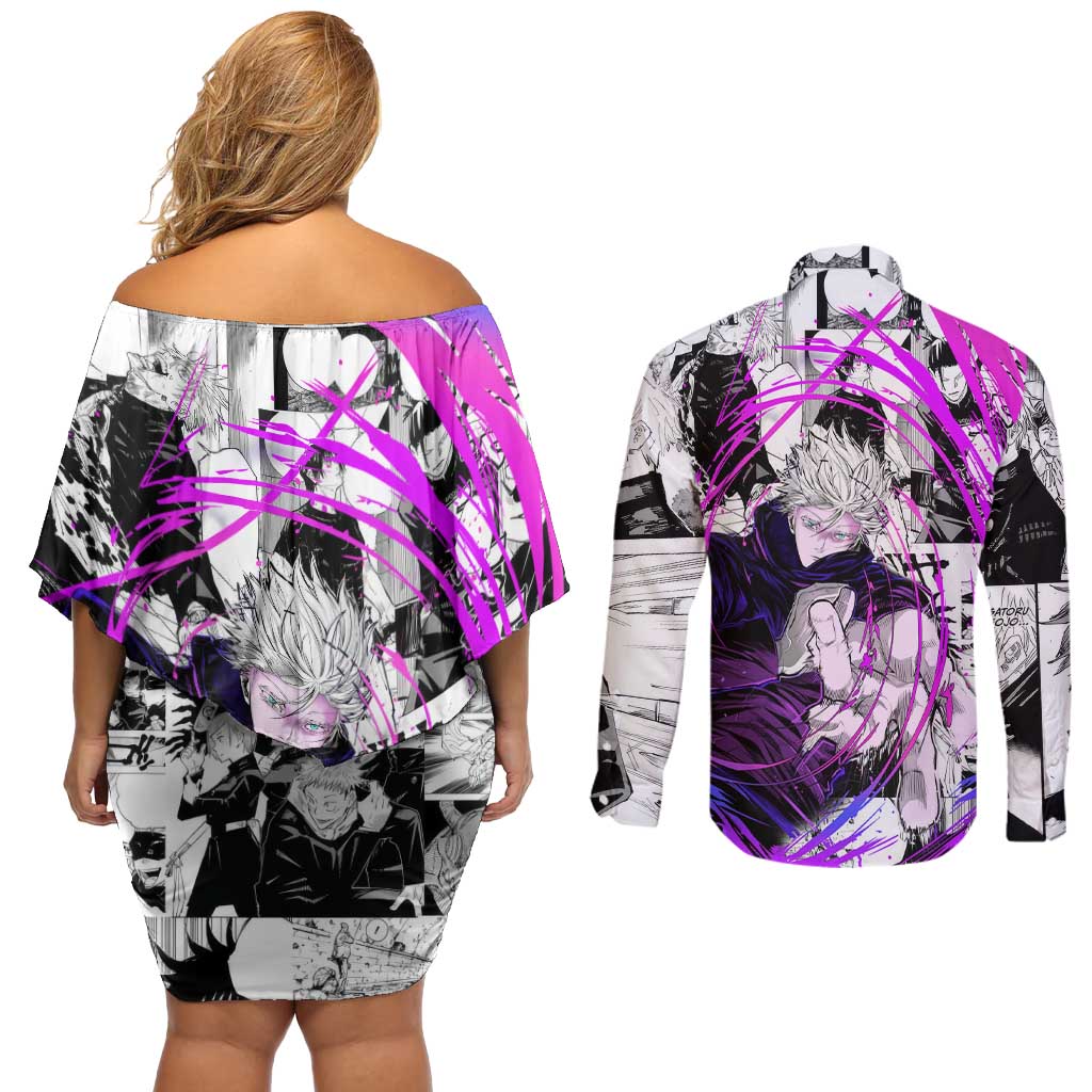 Gojo Satoru - Jujutsu Kaisen Couples Matching Off Shoulder Short Dress and Long Sleeve Button Shirt Pattern Anime Mix Manga Style