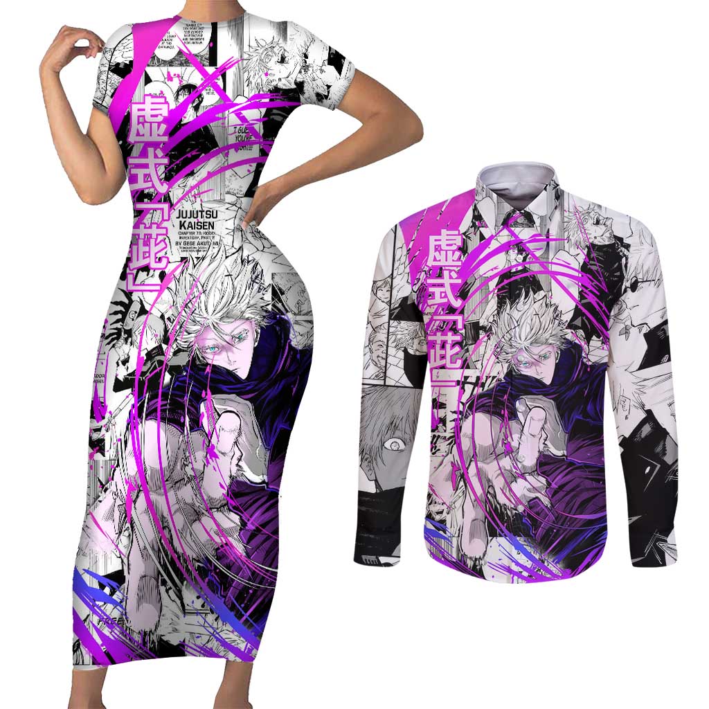 Gojo Satoru - Jujutsu Kaisen Couples Matching Short Sleeve Bodycon Dress and Long Sleeve Button Shirt Pattern Anime Mix Manga Style
