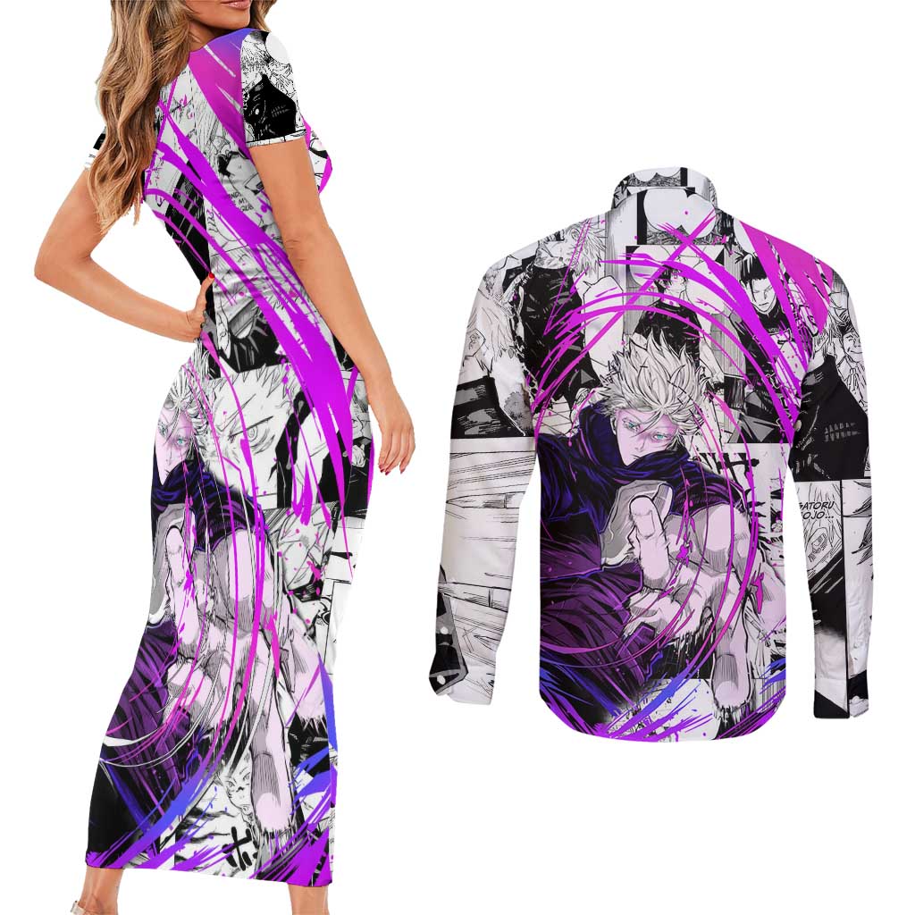 Gojo Satoru - Jujutsu Kaisen Couples Matching Short Sleeve Bodycon Dress and Long Sleeve Button Shirt Pattern Anime Mix Manga Style
