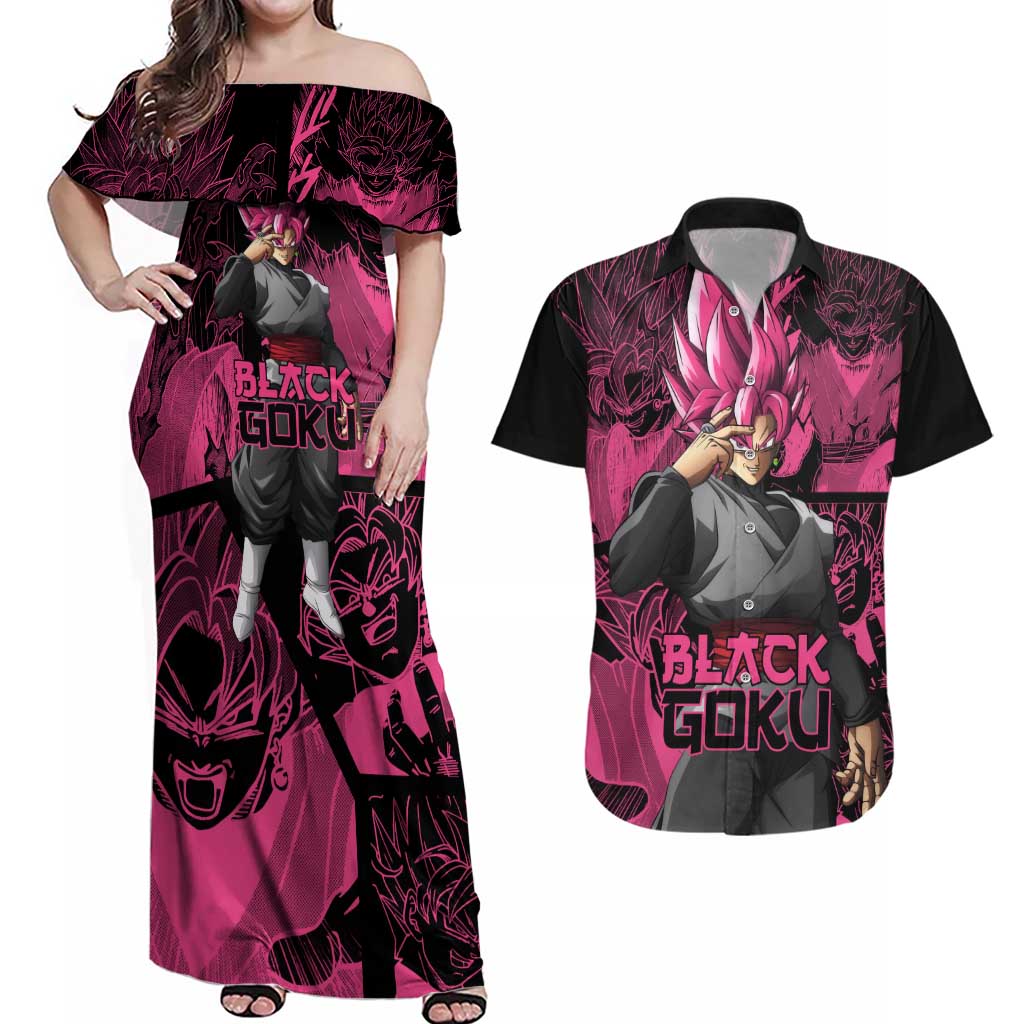 Goku Black Rose - Dragon Ball Couples Matching Off Shoulder Maxi Dress and Hawaiian Shirt Pattern Anime Mix Manga Style