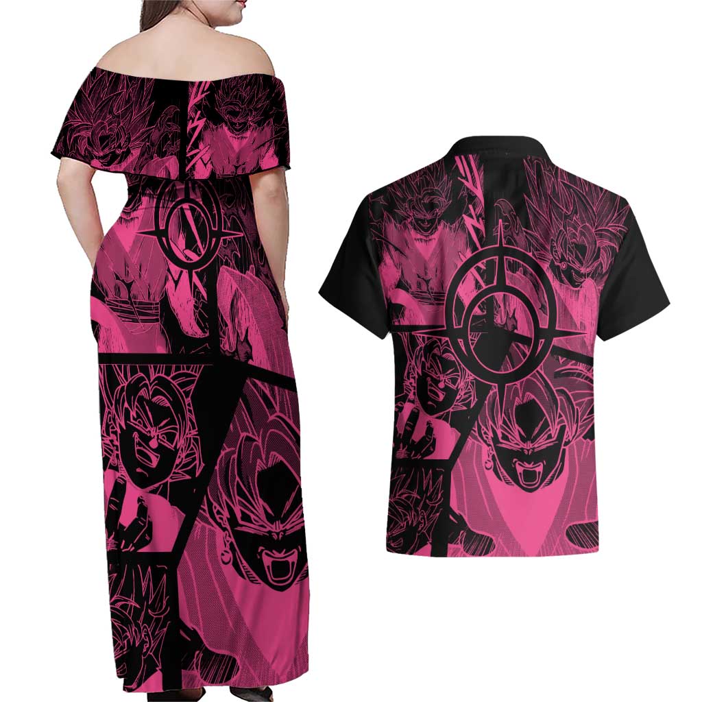 Goku Black Rose - Dragon Ball Couples Matching Off Shoulder Maxi Dress and Hawaiian Shirt Pattern Anime Mix Manga Style