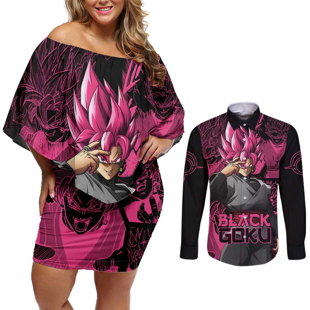 Goku Black Rose - Dragon Ball Couples Matching Off Shoulder Short Dress and Long Sleeve Button Shirt Pattern Anime Mix Manga Style