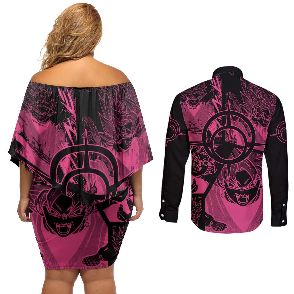 Goku Black Rose - Dragon Ball Couples Matching Off Shoulder Short Dress and Long Sleeve Button Shirt Pattern Anime Mix Manga Style