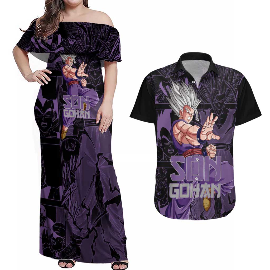 Son Gohan - Dragon Ball Couples Matching Off Shoulder Maxi Dress and Hawaiian Shirt Pattern Anime Mix Manga Style